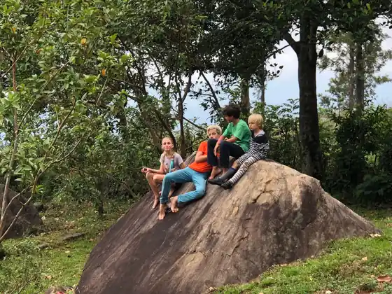 Children scrambling up a big boulder in the forest on the estate