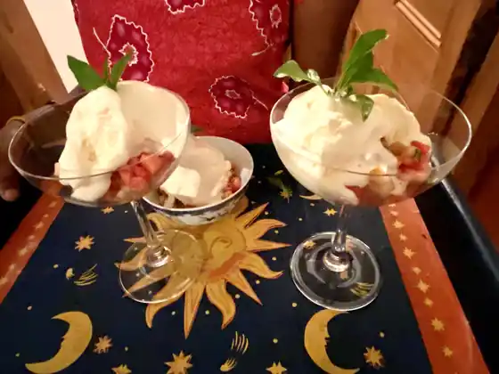 Two glasses of ice cream topped with fresh mint on a star-and-moon tablecloth