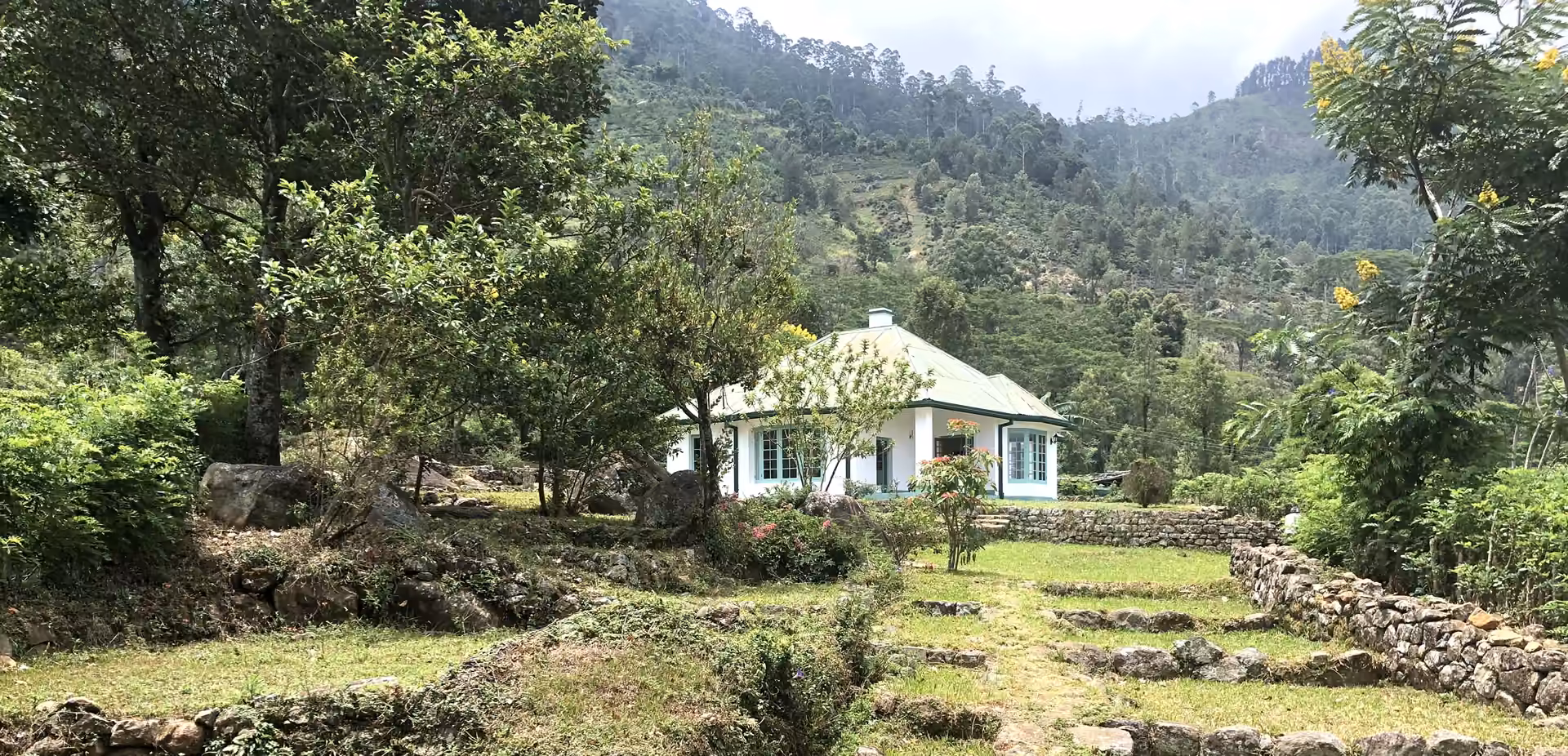 Panorama of the estate: the bungalow amid stone-walled lawns and forested hills